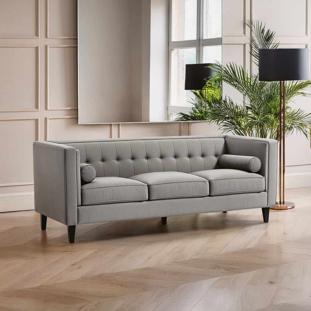 Orsina Helia 3 Seater Grey Velvet Sofa with Buttoned Back & Oak Legs