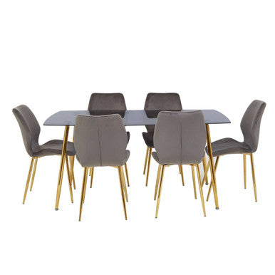 Orsina Wimslow Smoked Glass Dining Table and 6 Grey Velvet Chairs Set