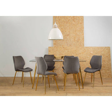 Orsina Wimslow Smoked Glass Dining Table and 6 Grey Velvet Chairs Set