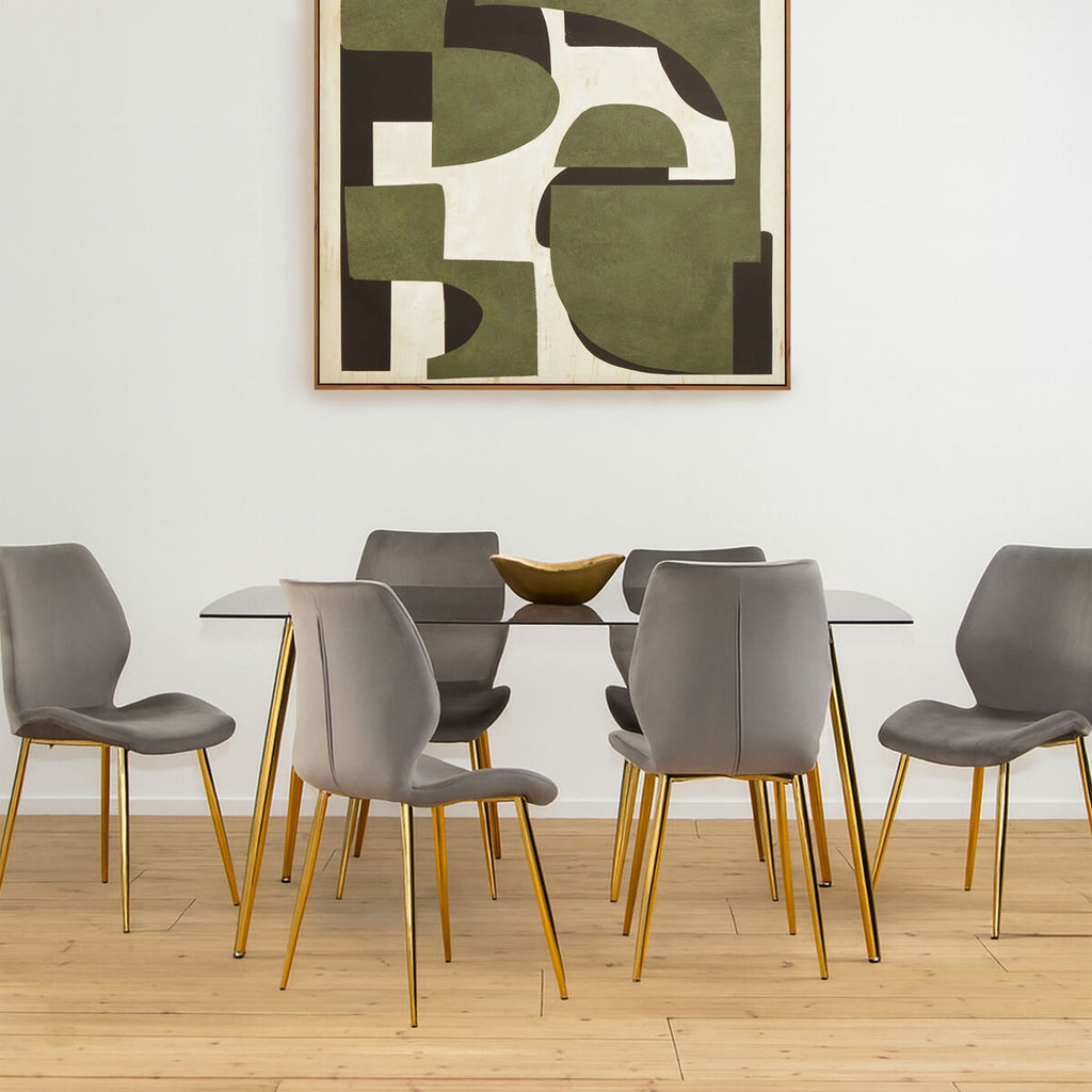 Orsina Wimslow Smoked Glass Dining Table and 6 Grey Velvet Chairs Set
