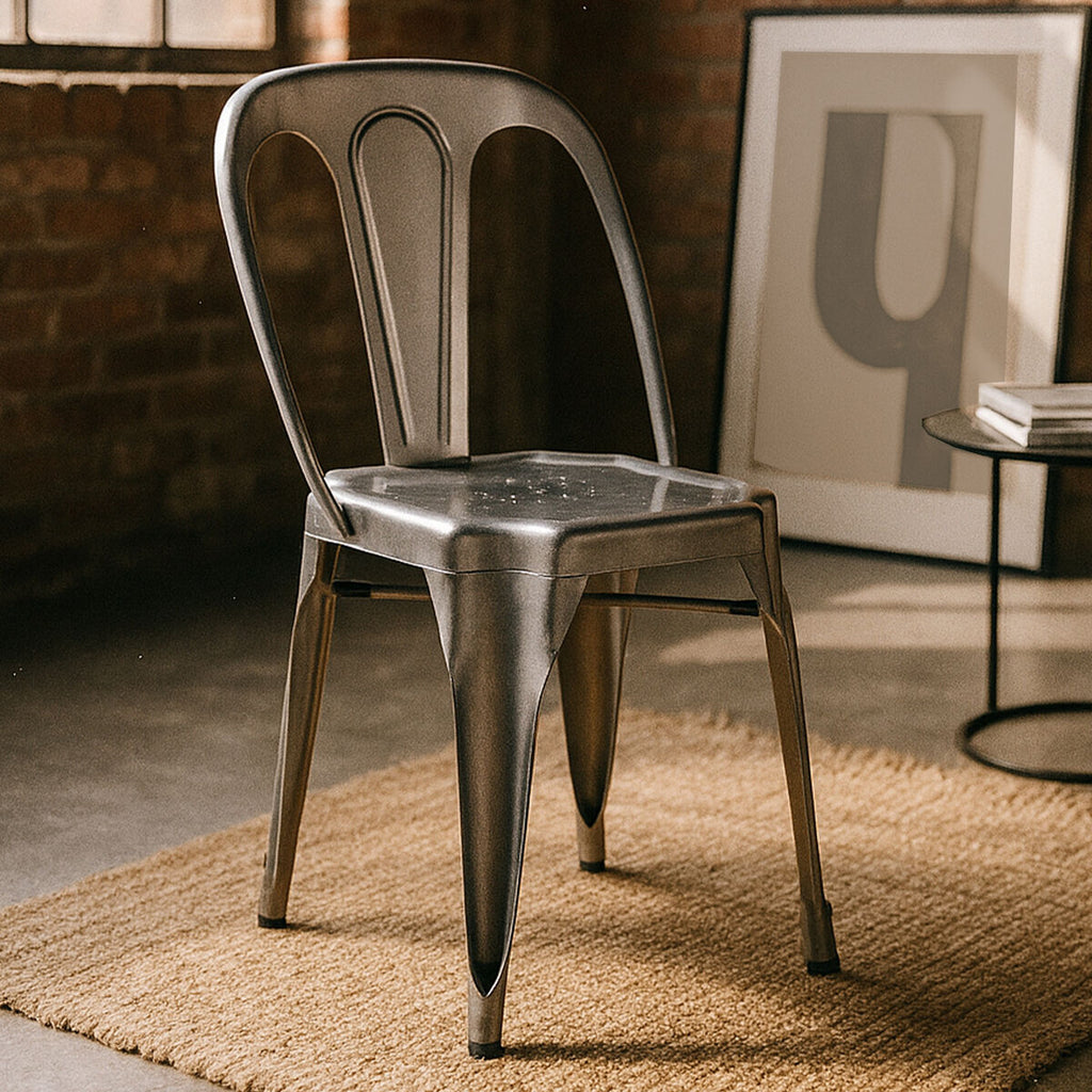 Orsina Grange Grey Metal Chair – Stackable Industrial Dining Seating