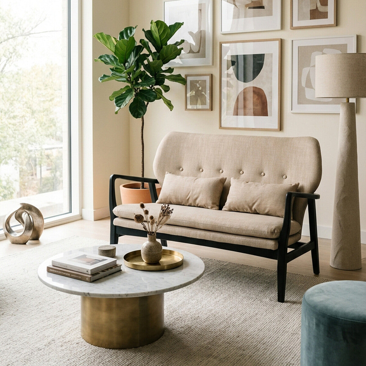 Orsina Stockholm 2-Seater Beige Sofa | Nordic Black Wood Frame