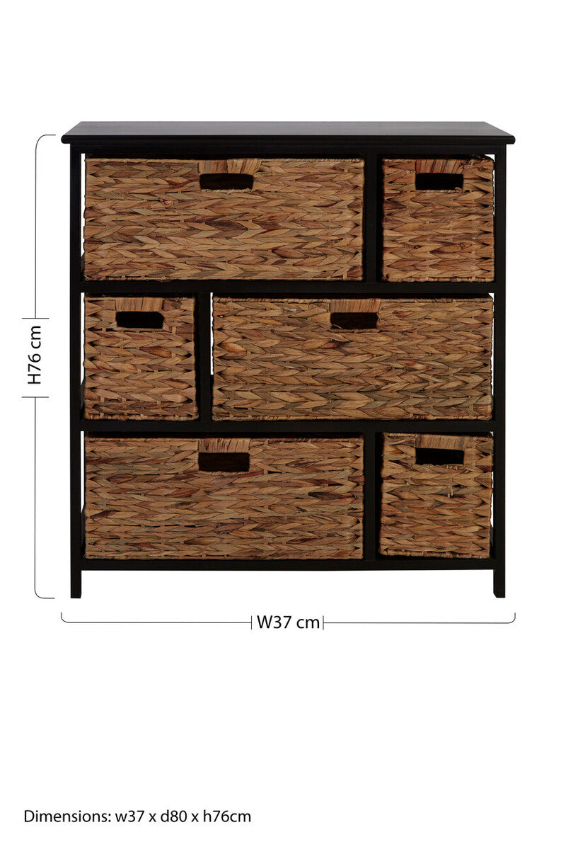 Orsina Padstow Black Storage Unit with 6 Water Hyacinth Drawers