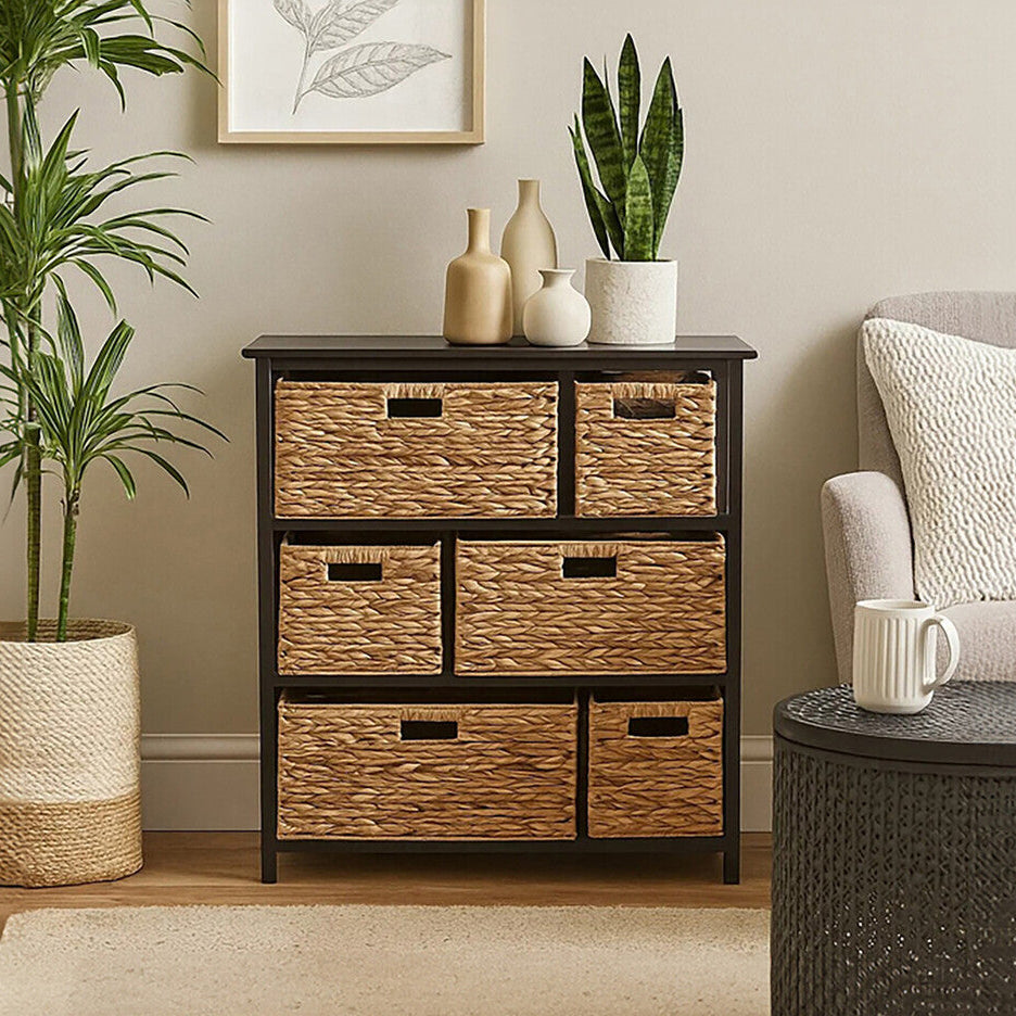 Orsina Padstow Black Storage Unit with 6 Water Hyacinth Drawers