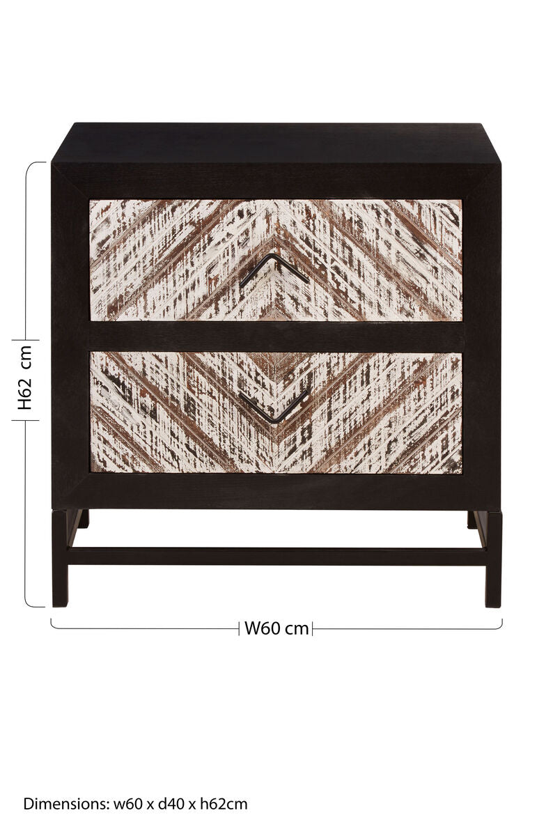 Orsina Lombok Black 2-Drawer Bedside Table with Chevron Pattern