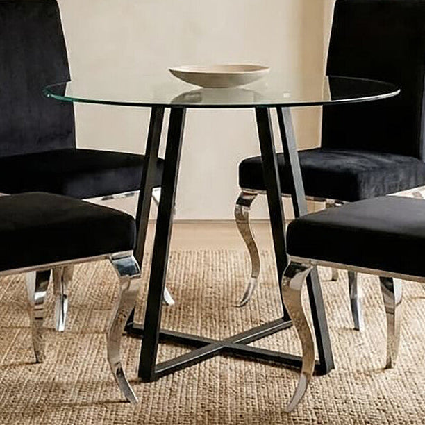 Orsina Metropolitan Round Glass Dining Table – Matte Black Lattice