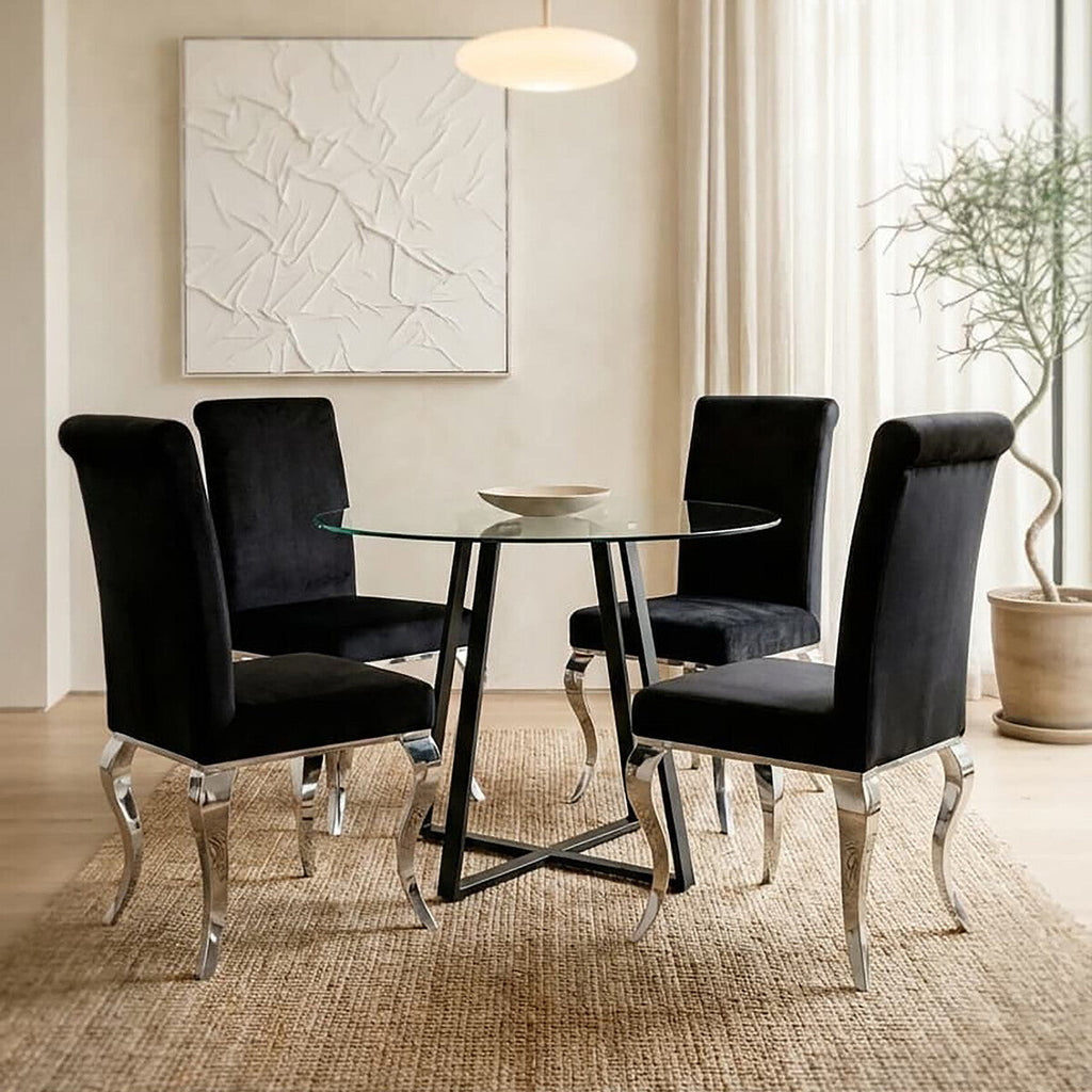 Orsina Metropolitan Round Glass Dining Table – Matte Black Lattice