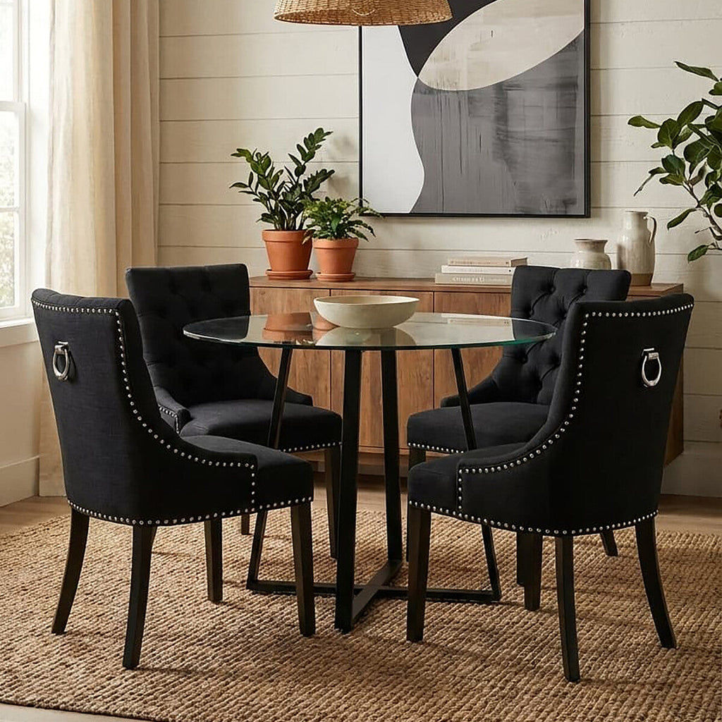 Orsina Metropolitan Round Glass Dining Table – Matte Black Lattice