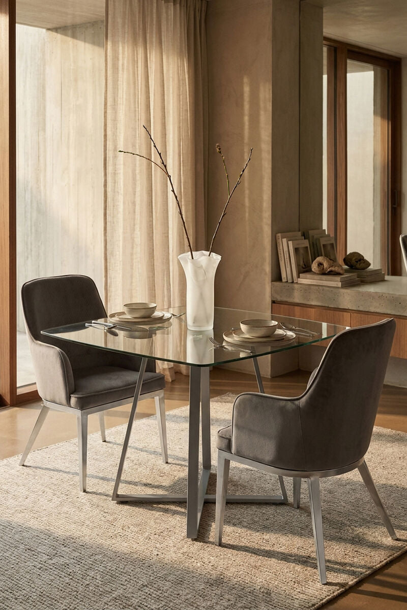 Orsina Metropolitan Square Glass Dining Table | Matte Grey Steel