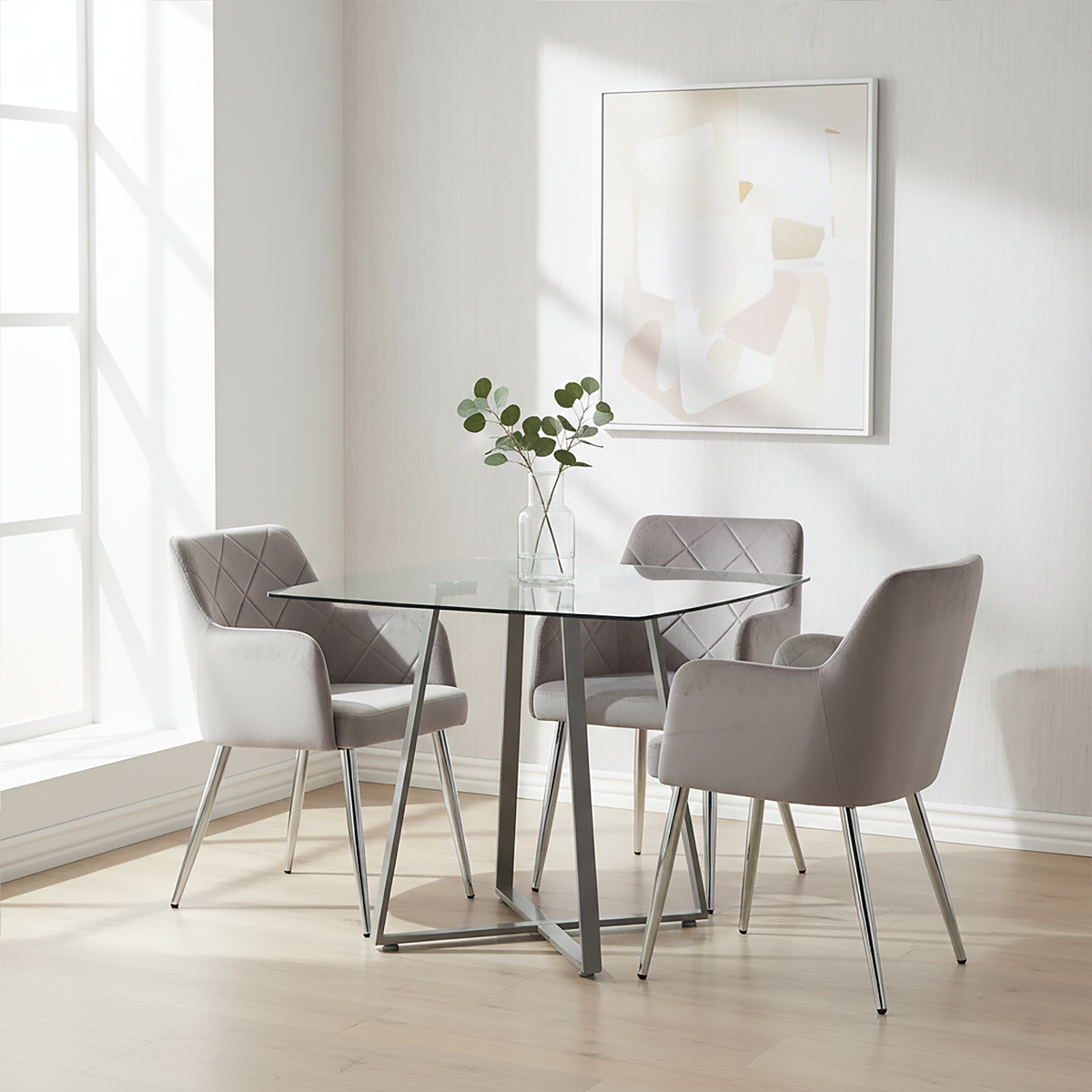 Orsina Metropolitan Square Glass Dining Table | Matte Grey Steel