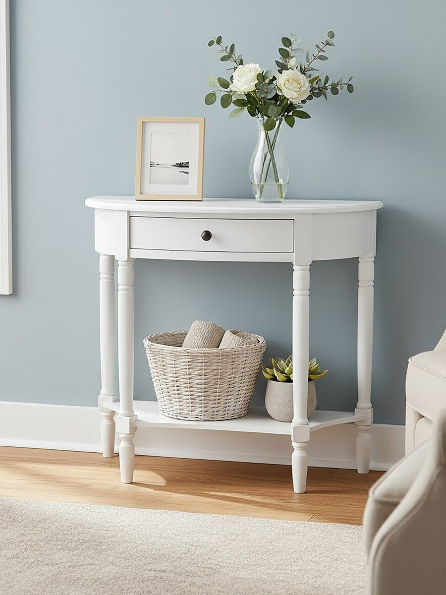 Orsina Heritage White Wooden Half Moon Console Table with Drawer