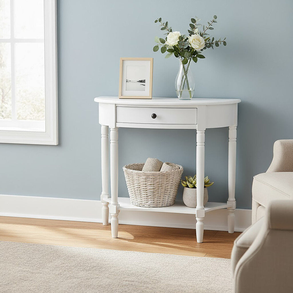 Orsina Heritage White Wooden Half Moon Console Table with Drawer