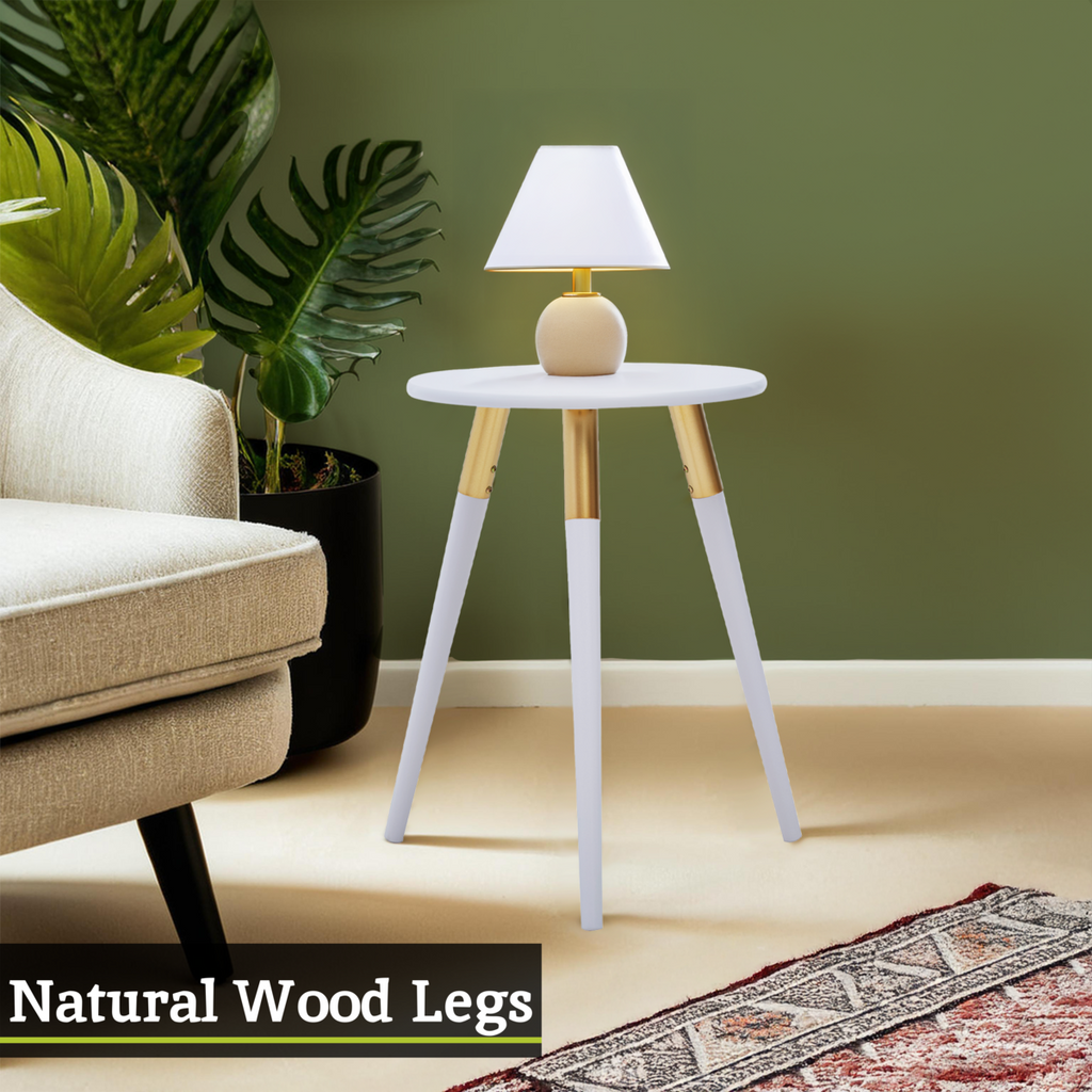 Orsina Nostra Round Side Table – Light Grey Wood with Gold Trim