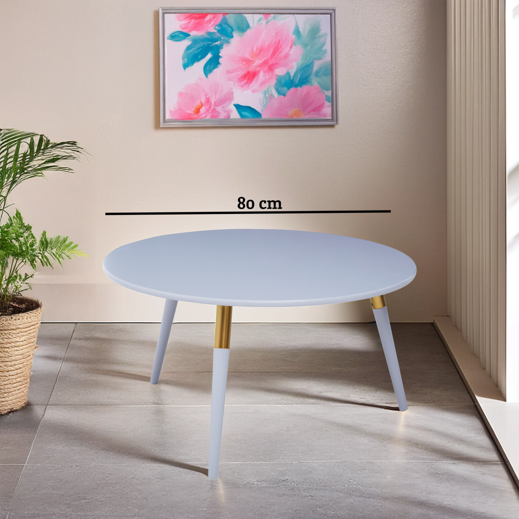 Orsina Nostra Round Coffee Table – Light Grey Wood with Gold Trim