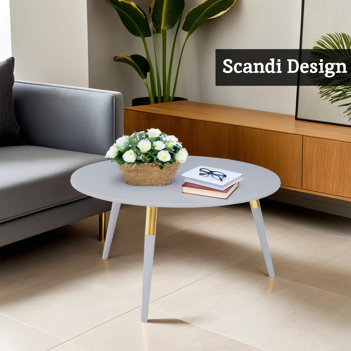 Orsina Nostra Round Coffee Table – Light Grey Wood with Gold Trim