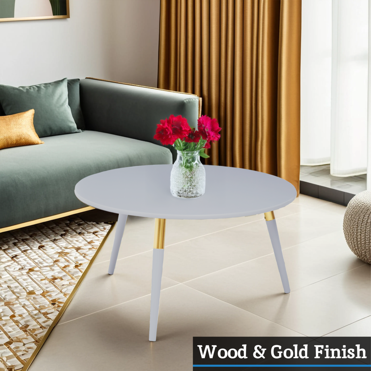 Orsina Nostra Round Coffee Table – Light Grey Wood with Gold Trim