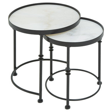 Orsina Arcana Round Side Tables – Set of 2 White Marble and Black Iron