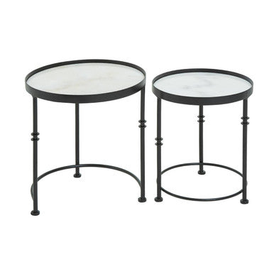 Orsina Arcana Round Side Tables – Set of 2 White Marble and Black Iron
