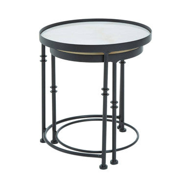 Orsina Arcana Round Side Tables – Set of 2 White Marble and Black Iron