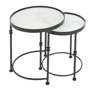 Orsina Arcana Round Side Tables – Set of 2 White Marble and Black Iron