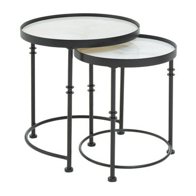 Orsina Arcana Round Side Tables – Set of 2 White Marble and Black Iron
