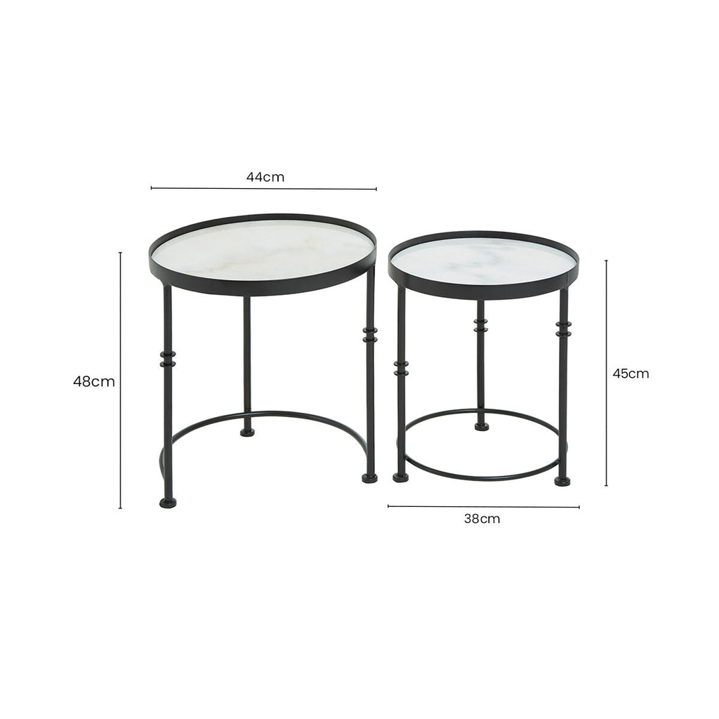Orsina Arcana Round Side Tables – Set of 2 White Marble and Black Iron