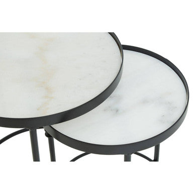 Orsina Arcana Round Side Tables – Set of 2 White Marble and Black Iron