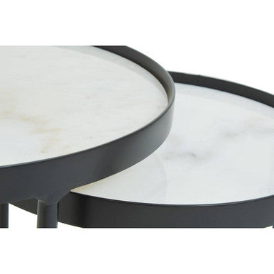 Orsina Arcana Round Side Tables – Set of 2 White Marble and Black Iron