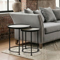 Orsina Arcana Round Side Tables – Set of 2 White Marble and Black Iron