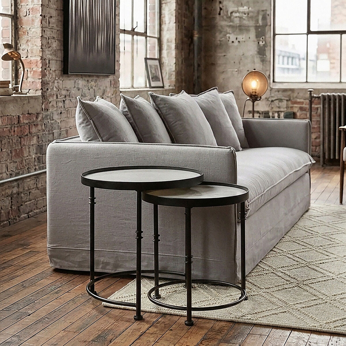 Orsina Arcana Round Side Tables – Set of 2 White Marble and Black Iron