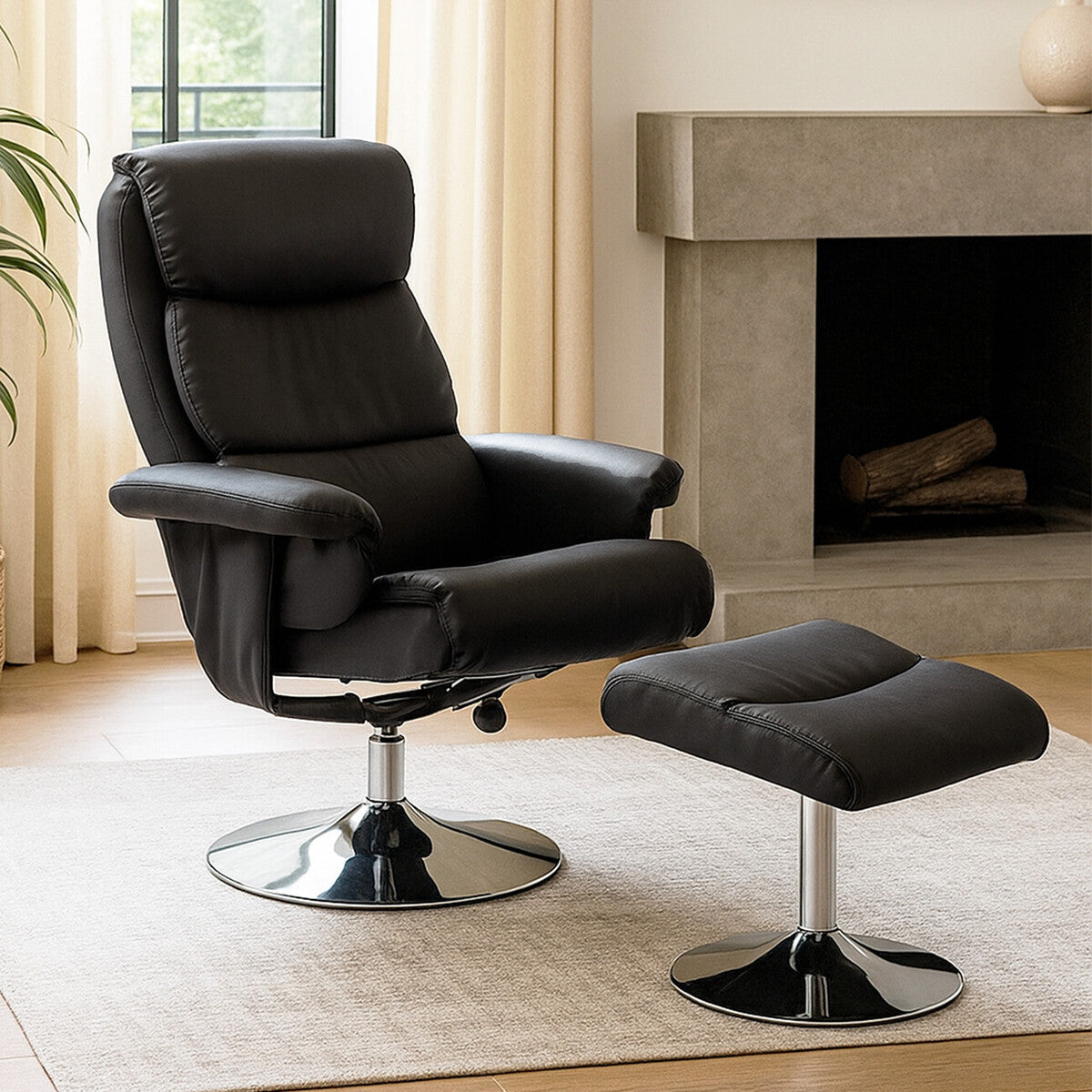 Orsina Denton Reclining Chair with Footstool – Black Leather Effect