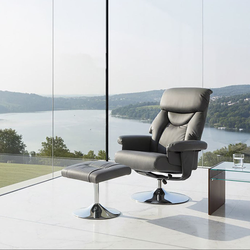 Orsina Denton Grey Faux Leather Reclining Chair and Footstool Set