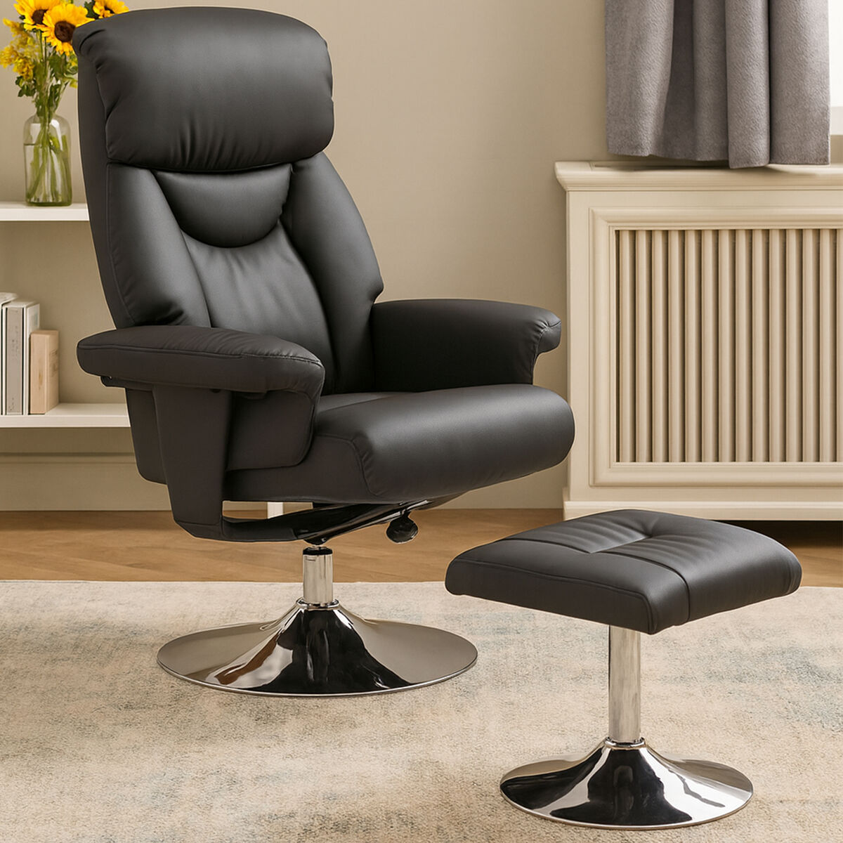 Orsina Denton Reclining Chair and Footstool – Black Leather Effect