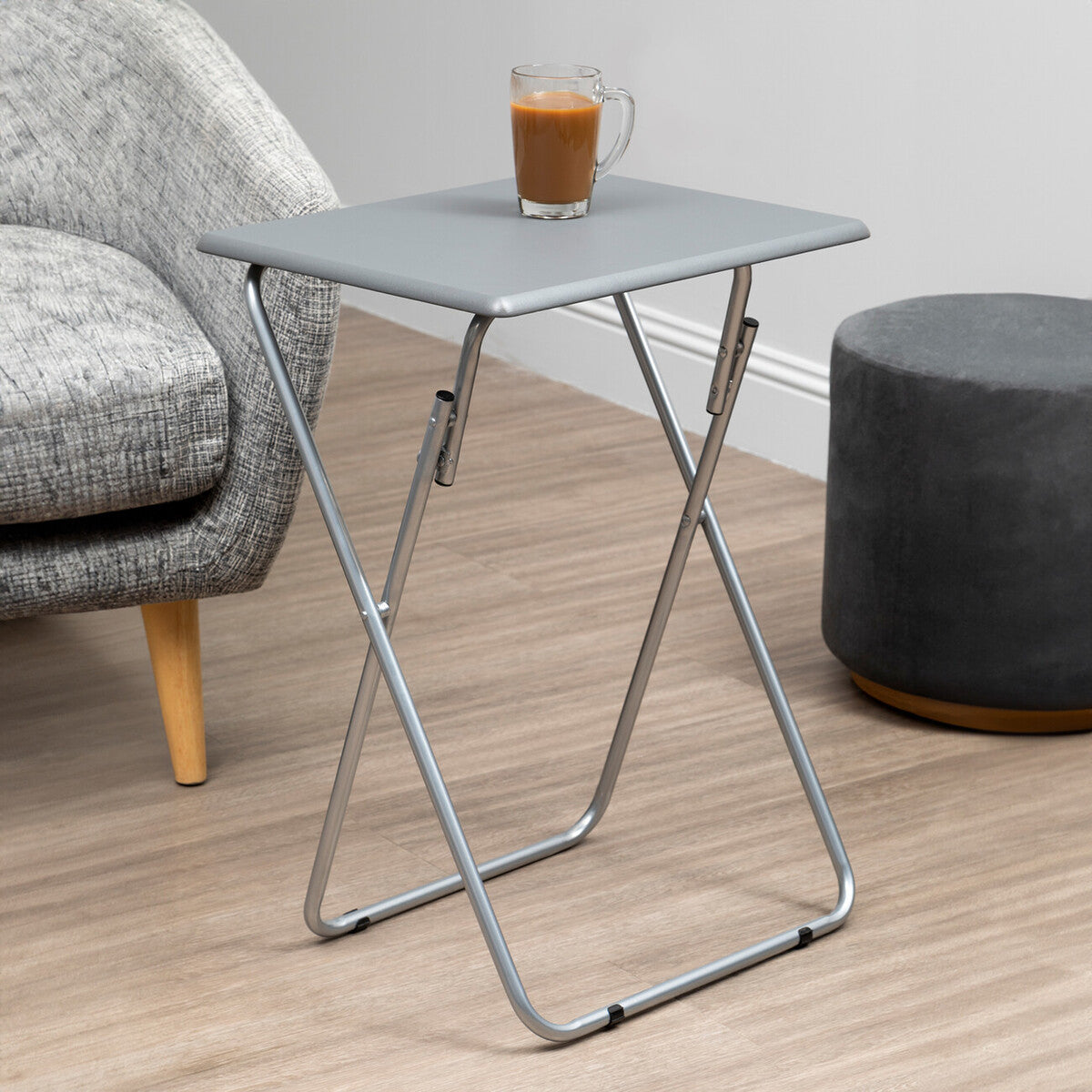 Orsina Bernie Folding Side Table – Grey PVC Top & Portable Silver Legs