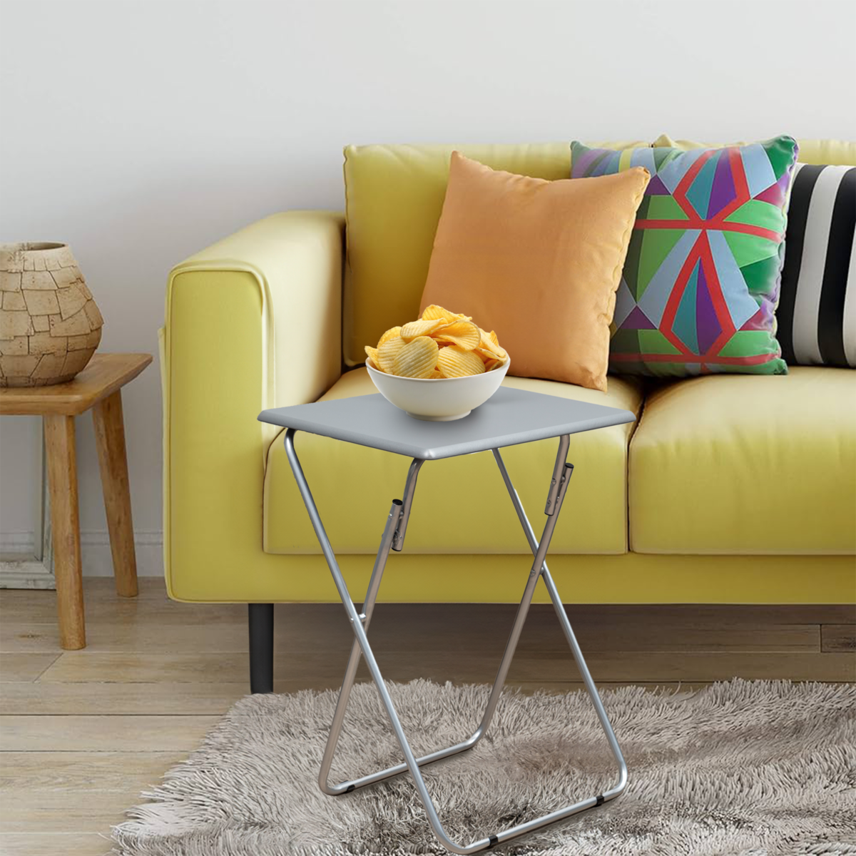 Orsina Bernie Folding Side Table – Grey PVC Top & Portable Silver Legs