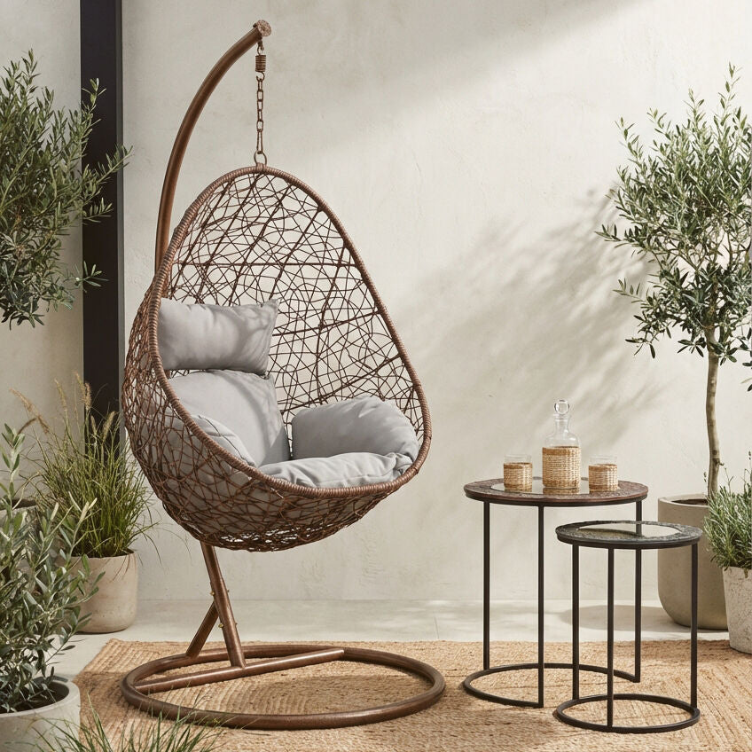 Orsina Goa Brown Rattan Hanging Chair with Grey Cushion | Indoor & Patio