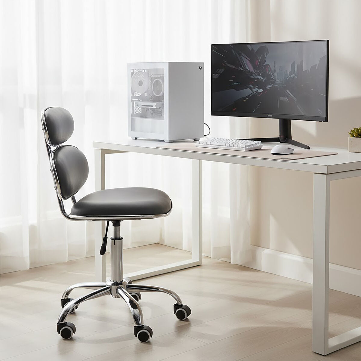 Orsina Fran Grey PU Leather Home Office Desk Chair – Swivel Task Seat