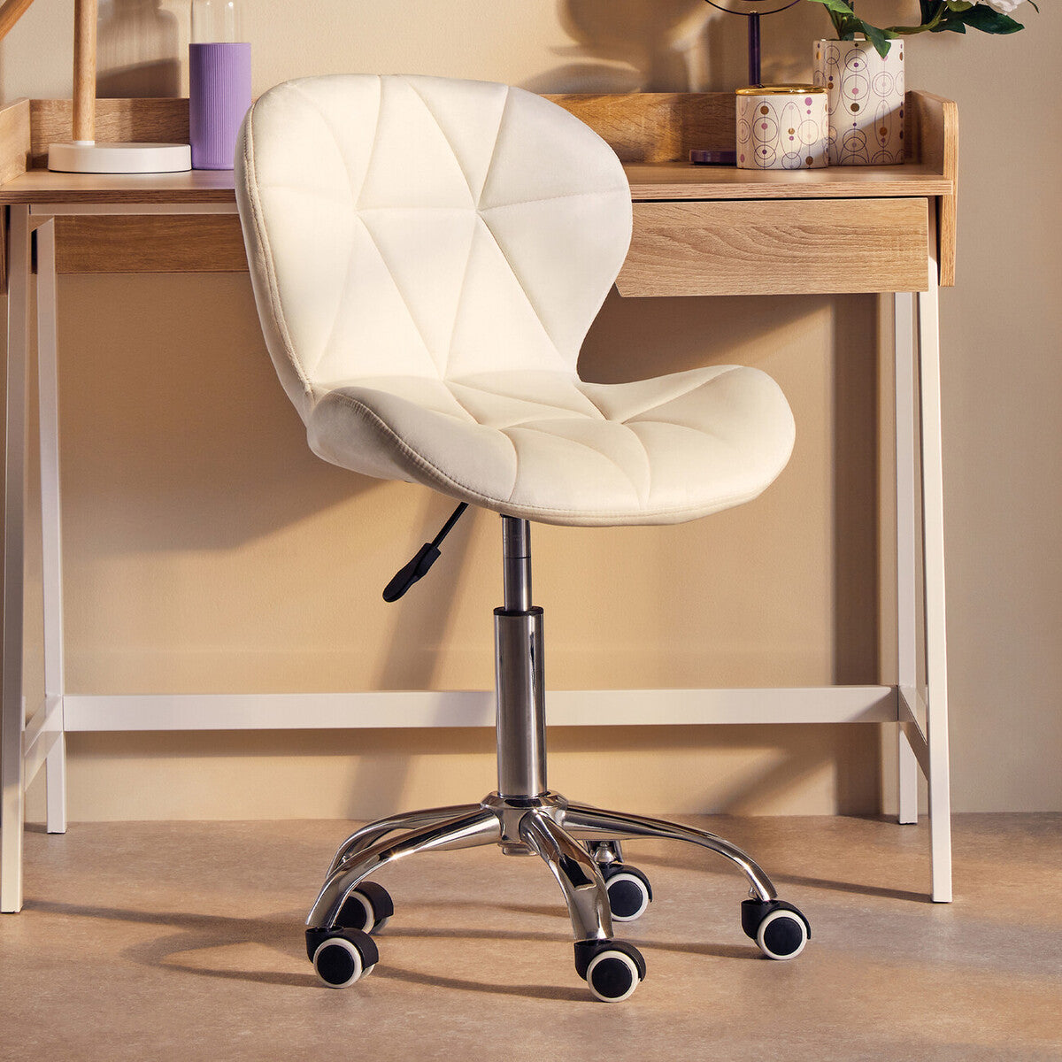 Orsina Franki White Velvet Quilted Home Office Chair | Swivel Desk Chair