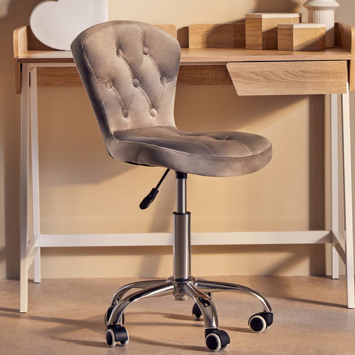 Orsina Fayth Grey Velvet Buttoned Home Office Swivel Desk Chair