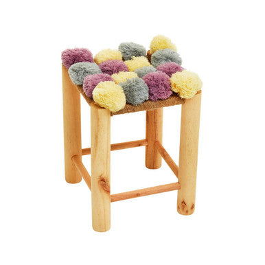 Orsina West Village Pom Stool – Grey, Beige & Pink Wooden Footrest