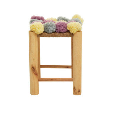 Orsina West Village Pom Stool – Grey, Beige & Pink Wooden Footrest