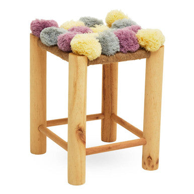 Orsina West Village Pom Stool – Grey, Beige & Pink Wooden Footrest