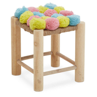 Orsina West Village Pompom Stool – Pink, Blue & Yellow Wood Accent