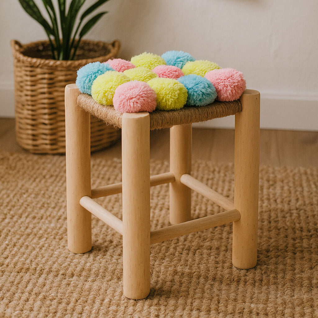 Orsina West Village Pompom Stool – Pink, Blue & Yellow Wood Accent