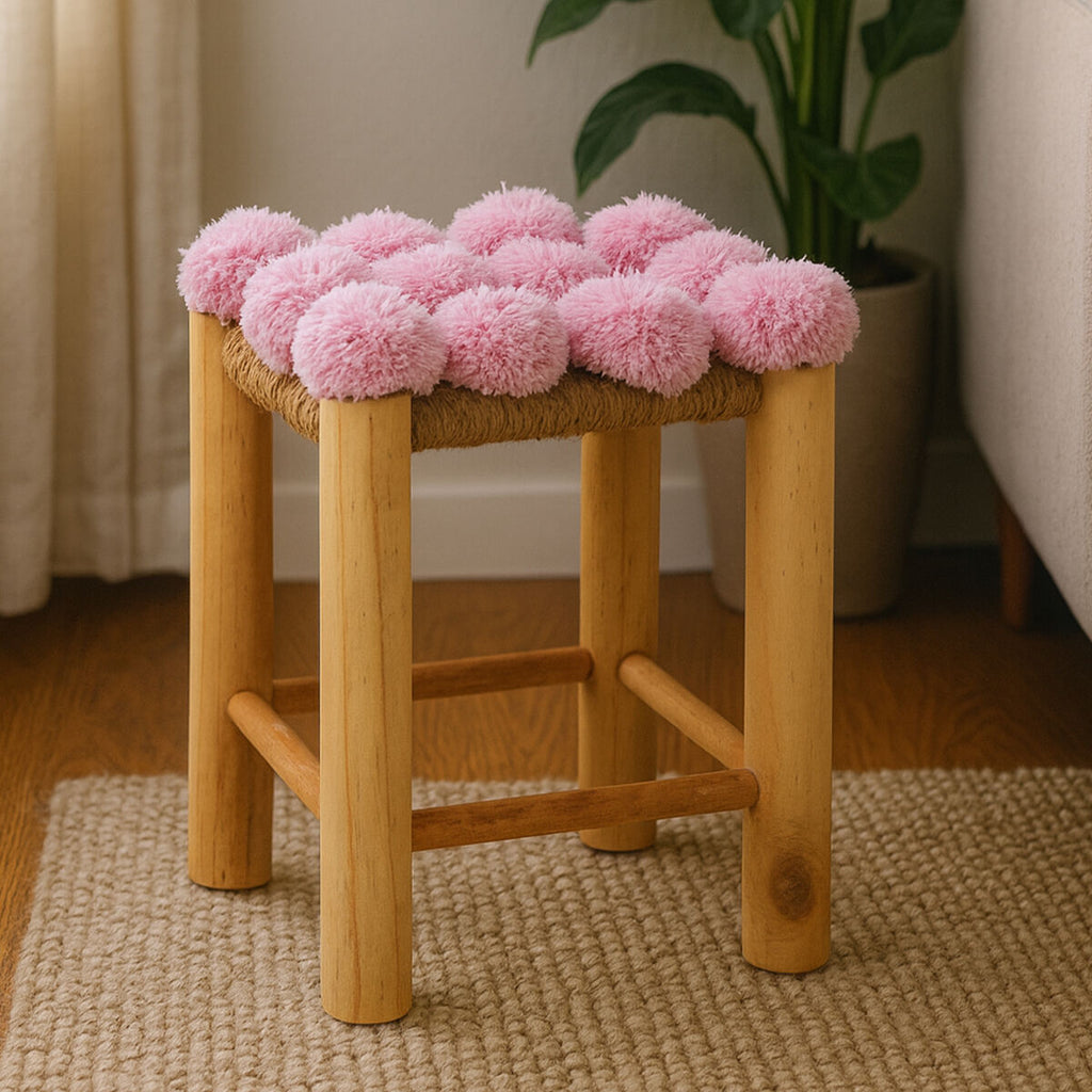 Orsina West Village Pink Pom-Pom Stool – Wooden Leg Accent Footrest