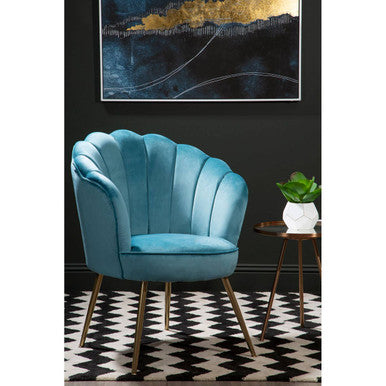 Orsina Ovala Aqua Blue Velvet Scalloped Accent Chair with Gold Legs