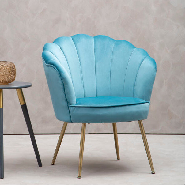 Orsina Ovala Aqua Blue Velvet Scalloped Accent Chair with Gold Legs