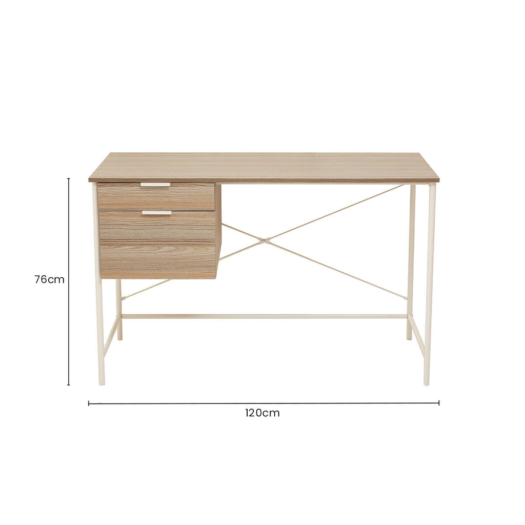 Orsina Bradbury Light Oak Veneer Desk with 2 Drawers – Off-White Frame