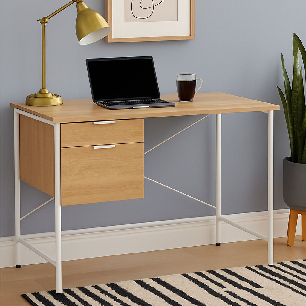 Orsina Bradbury Natural Oak Veneer Desk with 2 Drawers – Off-White