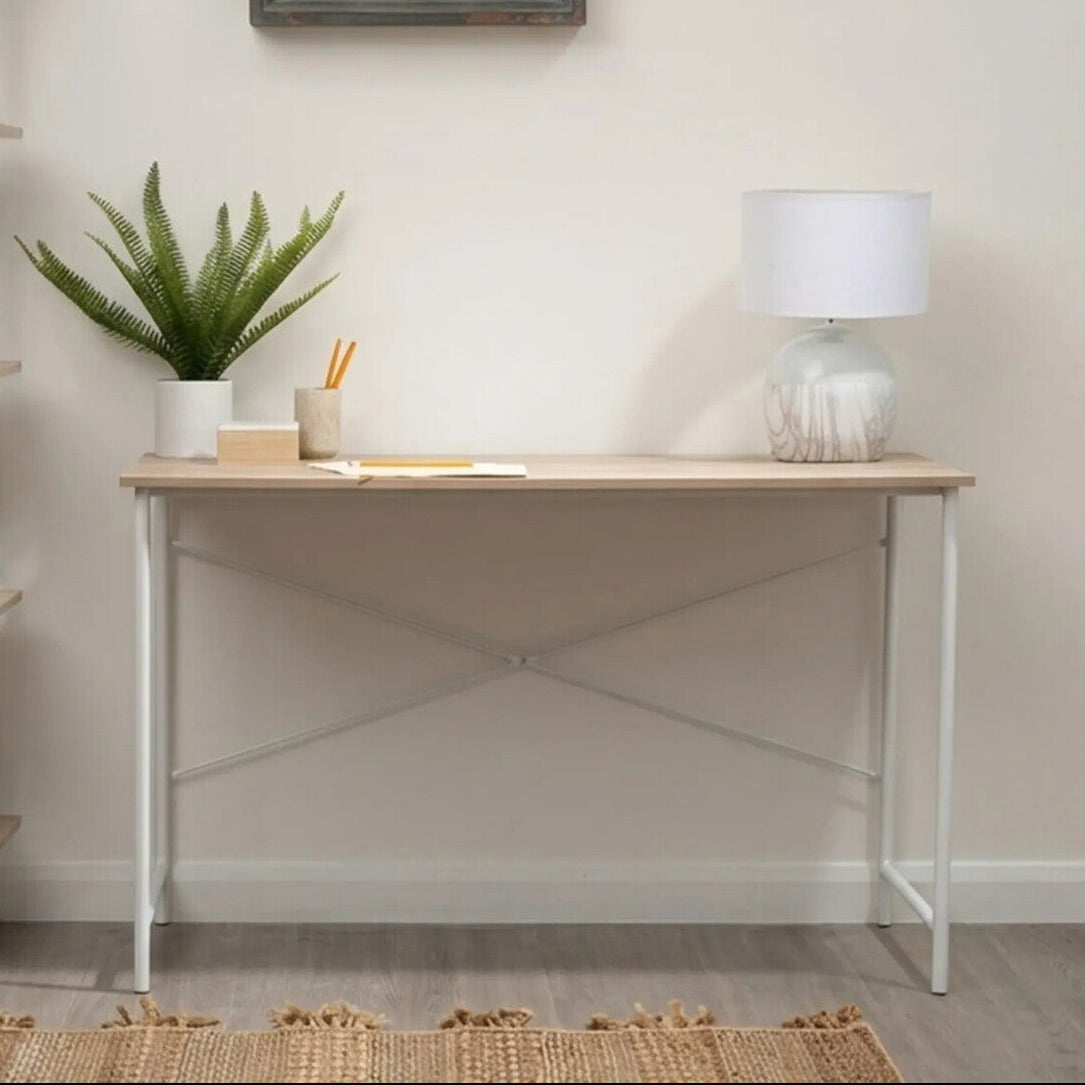 Orsina Bradbury Natural Oak Top Desk – Modern White Metal Frame